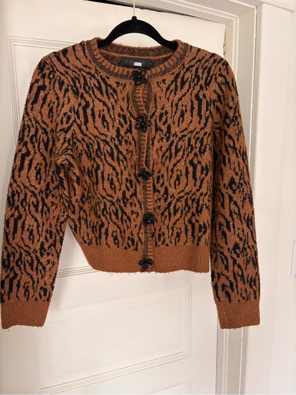 Zara Brown and Black Animal-Print Knit Cardigan
